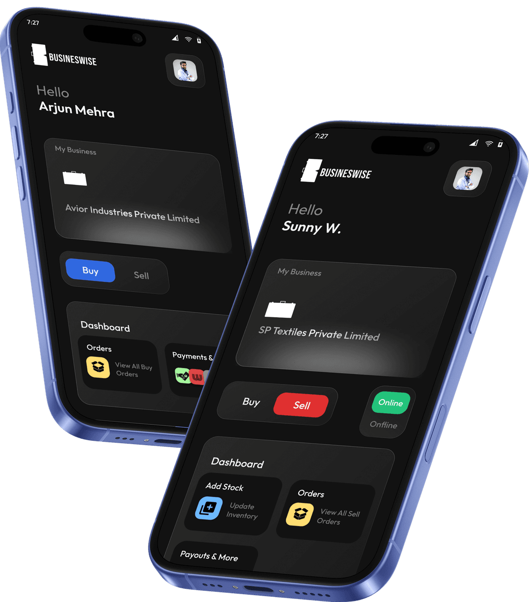 Two phones showing the business app interface